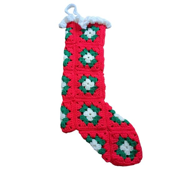 Vintage Granny Square Christmas Stocking Set Of 2 Hand Crochet Neutral Red 24" - Picture 3 of 5